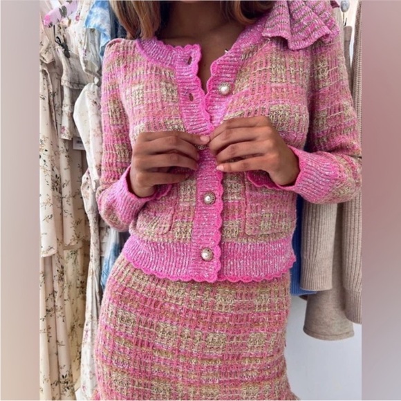 RARE 🎀 LoveShackFancy Crop Cardigan Jacket + Skirt Set in Barbie Pink - Picture 7 of 13
